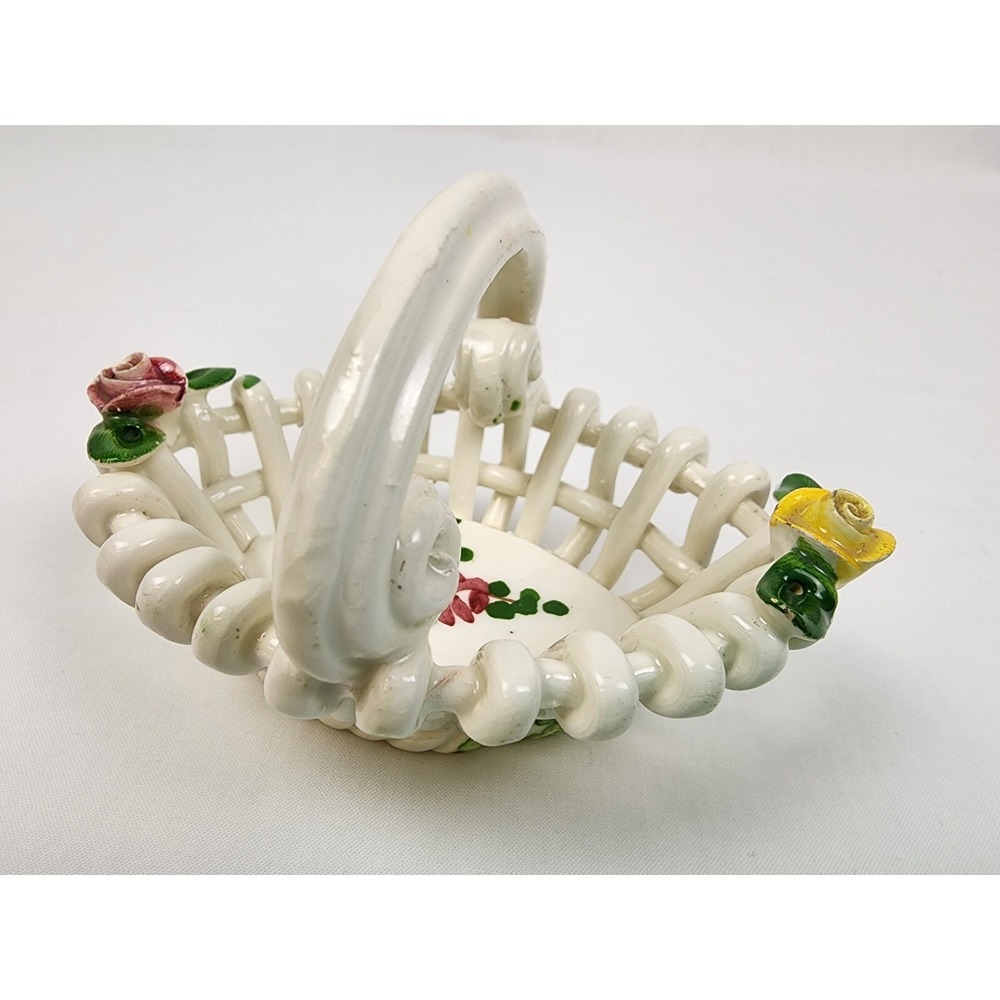 VINTAGE Italian Hand Painted‎ Roses/Floral Porcelain Lattice Basket with Handle